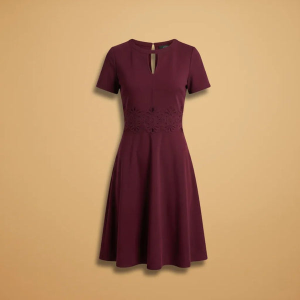 Ruby | Women's Burgundy Lace Keyhole Dress with Short Sleeves - Burgundy - 1