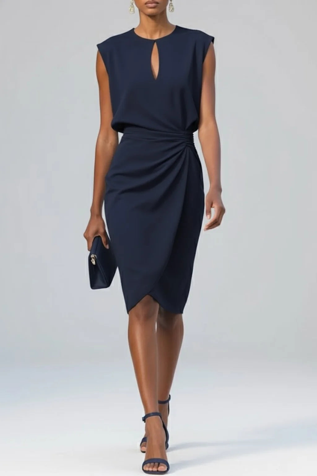 Navy Blue Women's Keyhole Neck Midi Cocktail Dress — Erica Ruched Waist Elegant - Front Pose