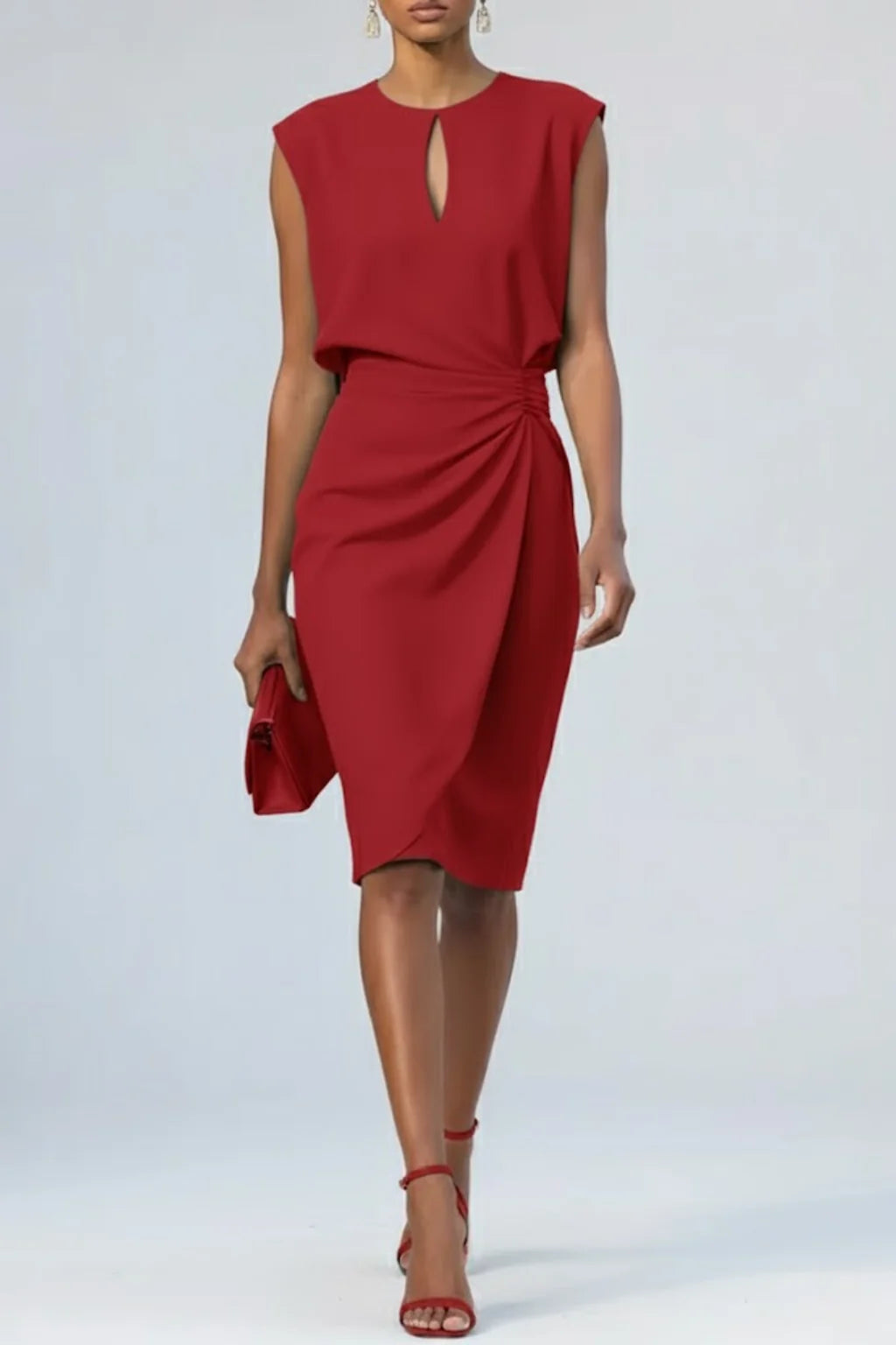 Red Women's Keyhole Neck Midi Cocktail Dress — Erica Ruched Waist Elegant - Studio Pose