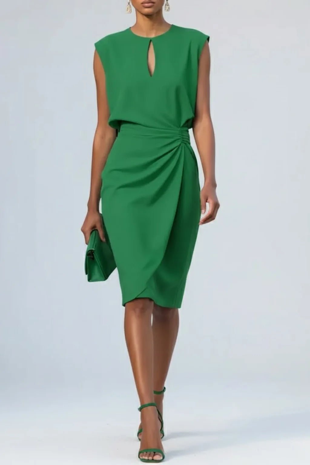 Rhea | Elegant Keyhole Neck Ruched Midi Dress Sleeveless - Green - 5
