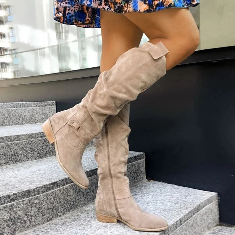 Beige Women's Knee High Slouch Boots — Roxanne Buckle Strap Suede - Outdoor Pose