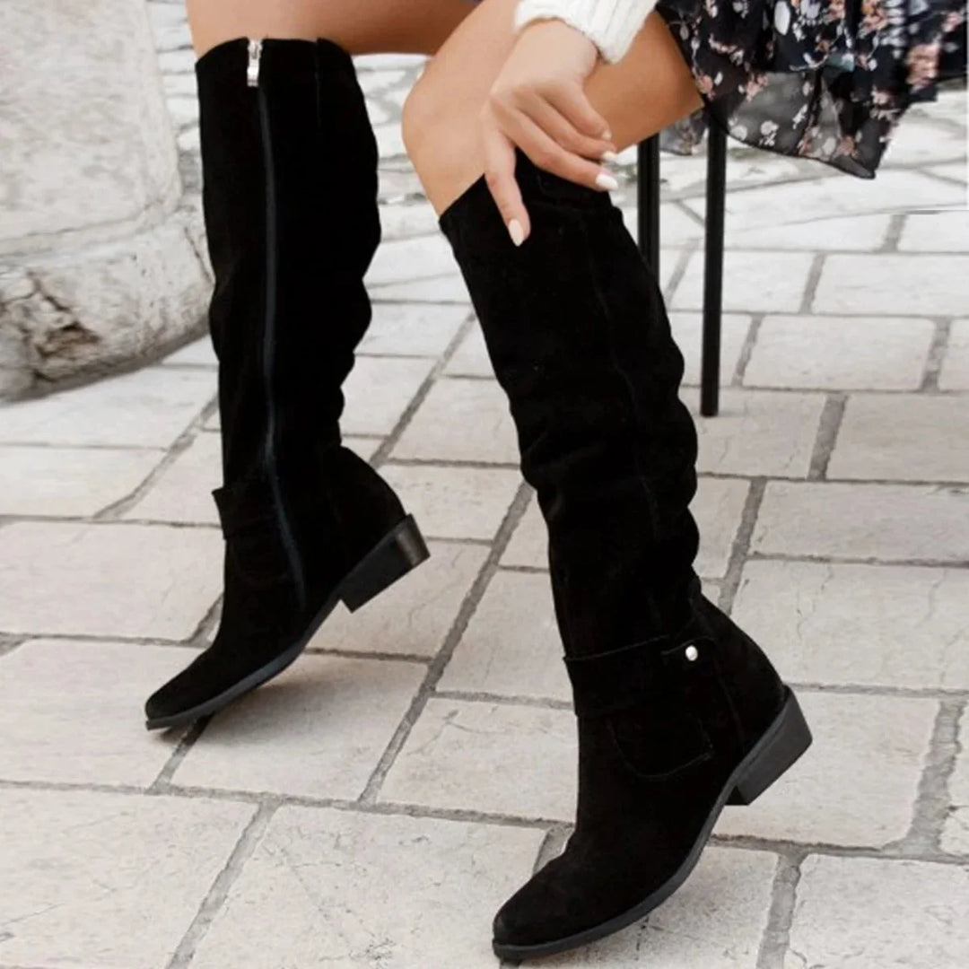 Black Women's Knee High Slouch Boots — Roxanne Buckle Strap Suede - Worn Lifestyle