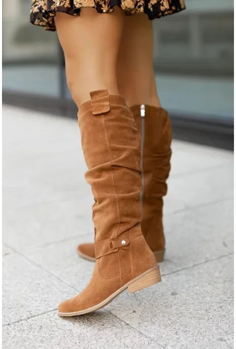 Light Brown Women's Knee High Slouch Boots — Roxanne Buckle Strap Suede - Front Close