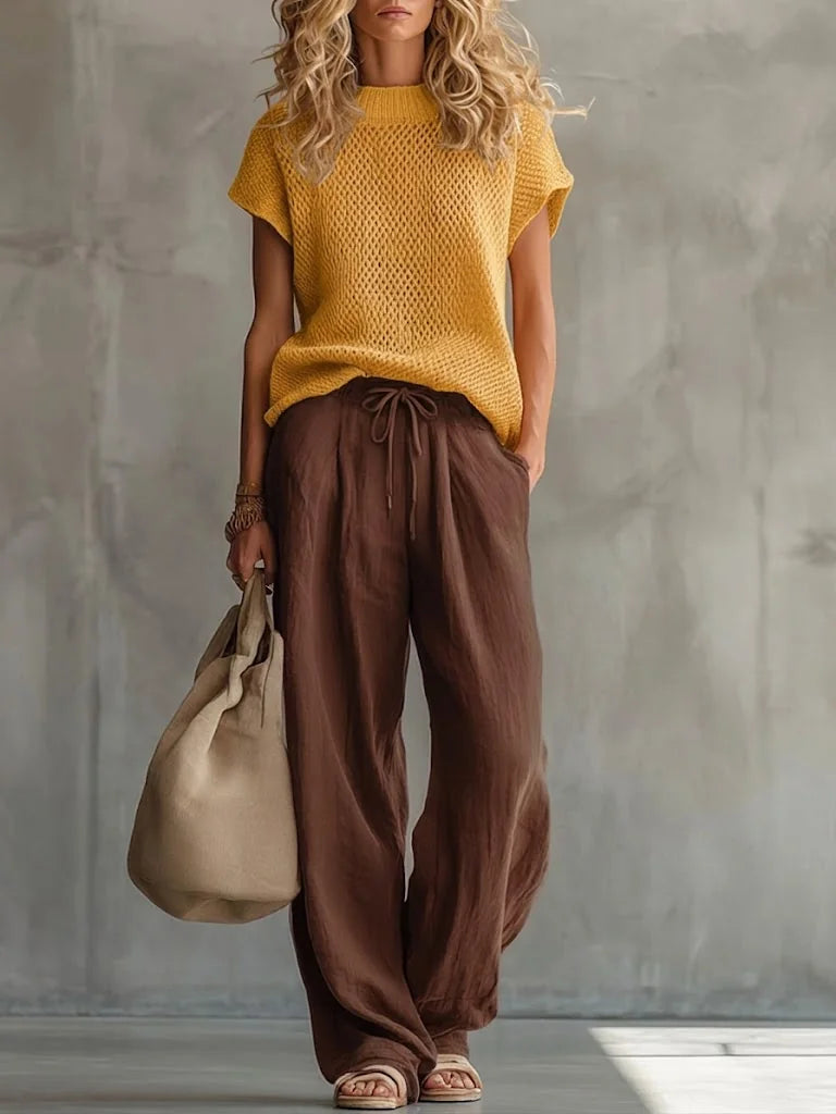 Coffee Women's Knitted Top & Linen Trouser Set — Imogen Wide-Leg Drawstring - Front Styled