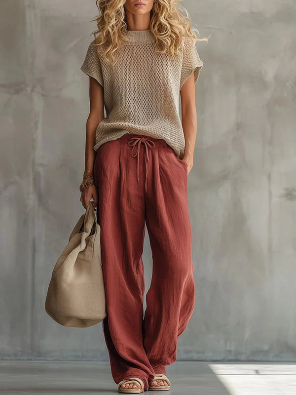Red Women's Knitted Top & Linen Trouser Set — Imogen Wide-Leg Drawstring - Front Full