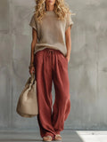 Women's Knitted Top & Linen Trouser Set — Imogen Wide-Leg Drawstring