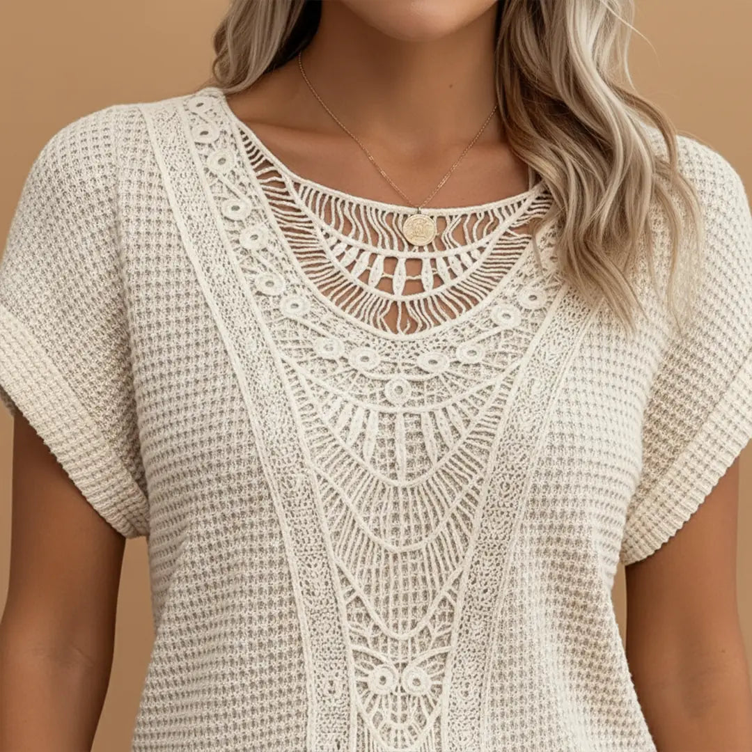 Beige Women's Lace Detail T-Shirt — Naomi Regular Fit Crochet Neckline - Close Up Neckline