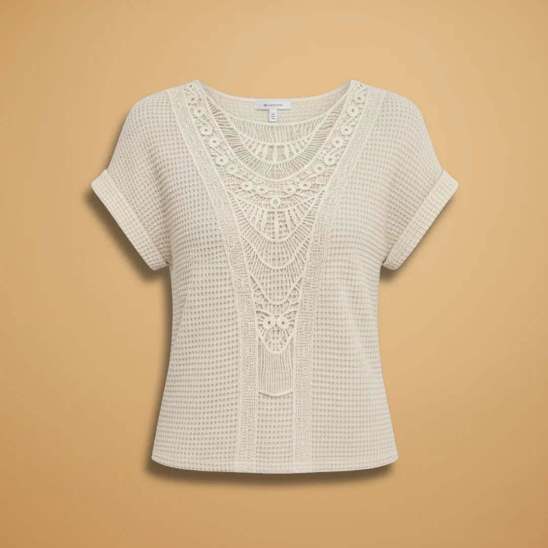 Beige Women's Lace Detail T-Shirt — Naomi Regular Fit Crochet Neckline - Flat Lay