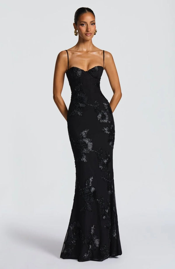 Black Women's Lace Fitted Maxi Dress — Jessica Mermaid Sweetheart Formal - Front Full