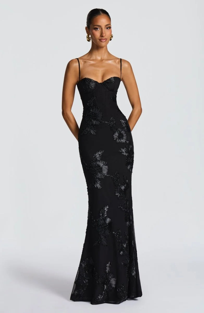 Black Women's Lace Fitted Maxi Dress — Jessica Mermaid Sweetheart Formal - Front Full