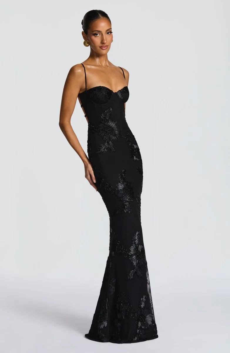 Black Women's Lace Fitted Maxi Dress — Jessica Mermaid Sweetheart Formal - Side Pose