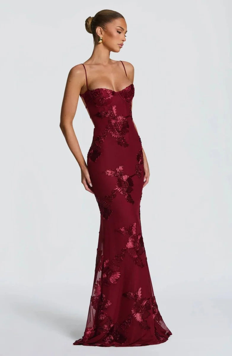 Burgundy Women's Lace Fitted Maxi Dress — Jessica Mermaid Sweetheart Formal - Front Full