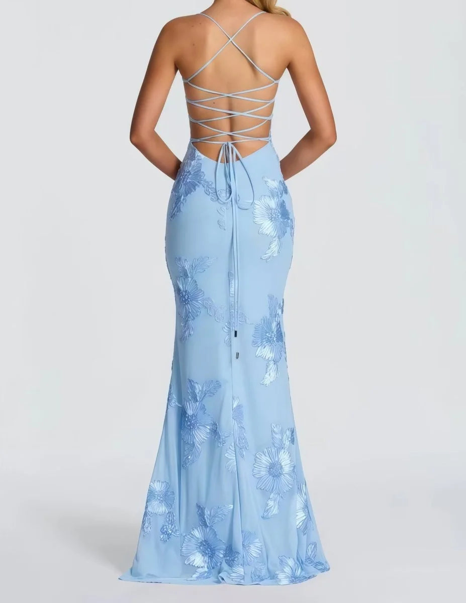 Light Blue Women's Lace Fitted Maxi Dress — Jessica Mermaid Sweetheart Formal - Back Detail