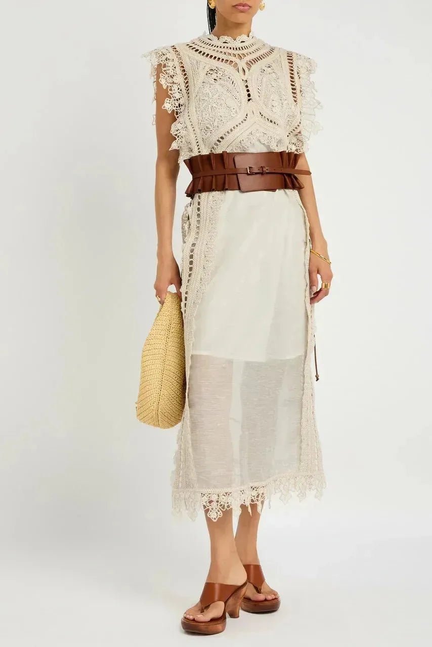 Florence | Elegant Lace High Neck Beach Dress - Cream - 4