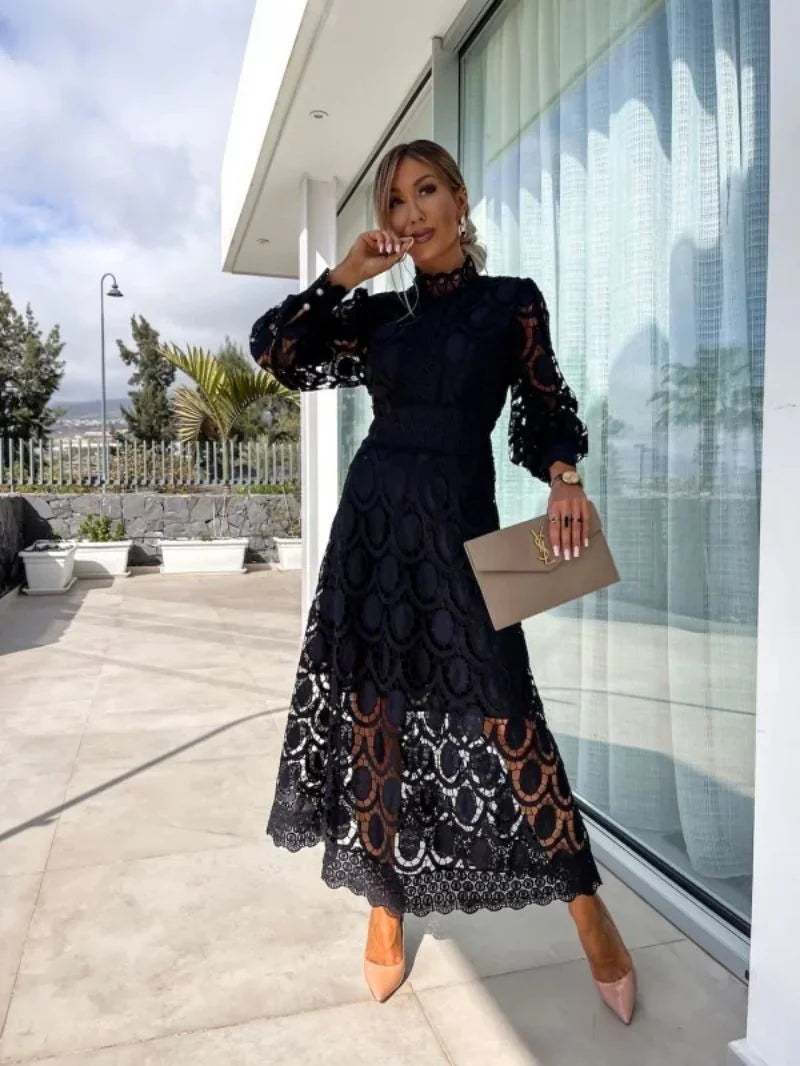 Black Women's Lace Midi Dress — Blair High Neck Long Sleeve - Front Full