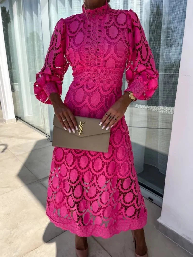 Pink Women's Lace Midi Dress — Blair High Neck Long Sleeve - Close Up Neckline