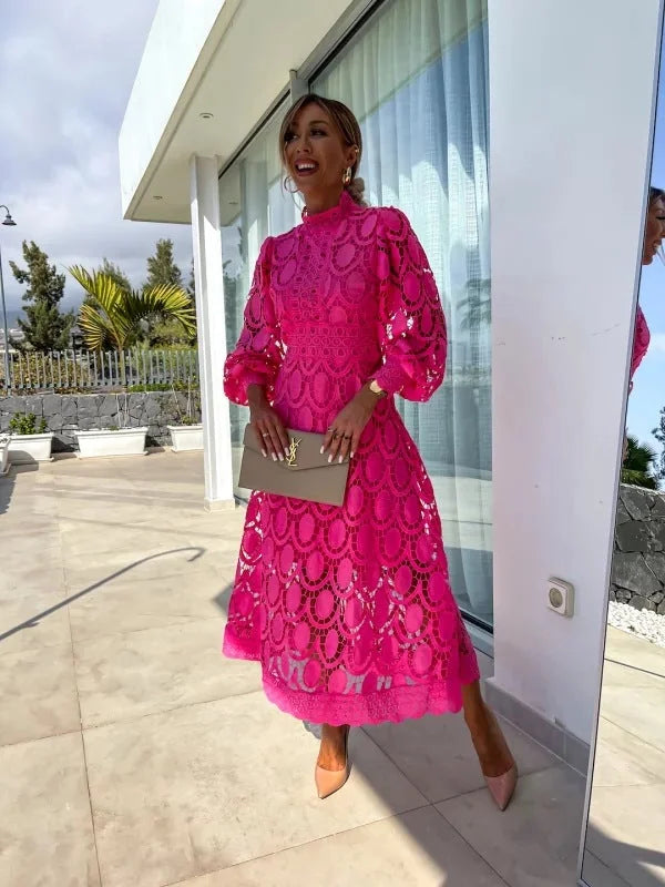 Pink Women's Lace Midi Dress — Blair High Neck Long Sleeve - Front Full