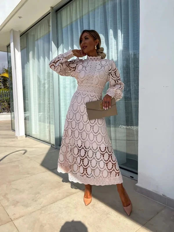 White Women's Lace Midi Dress — Blair High Neck Long Sleeve - Front Full