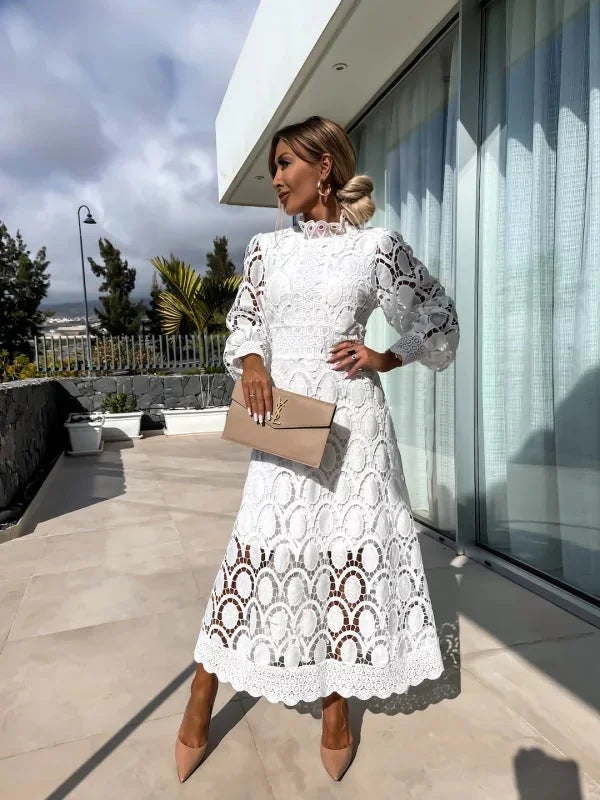 White Women's Lace Midi Dress — Blair High Neck Long Sleeve - Outdoor Pose
