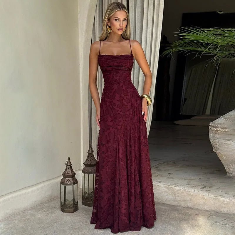 Margaret | Elegant Lace - Up Back Evening Dress - Burgundy - 1