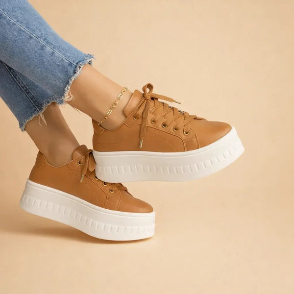 Sophia | Stylish Platform Sneakers With Lace - Up Design - Tan - 1