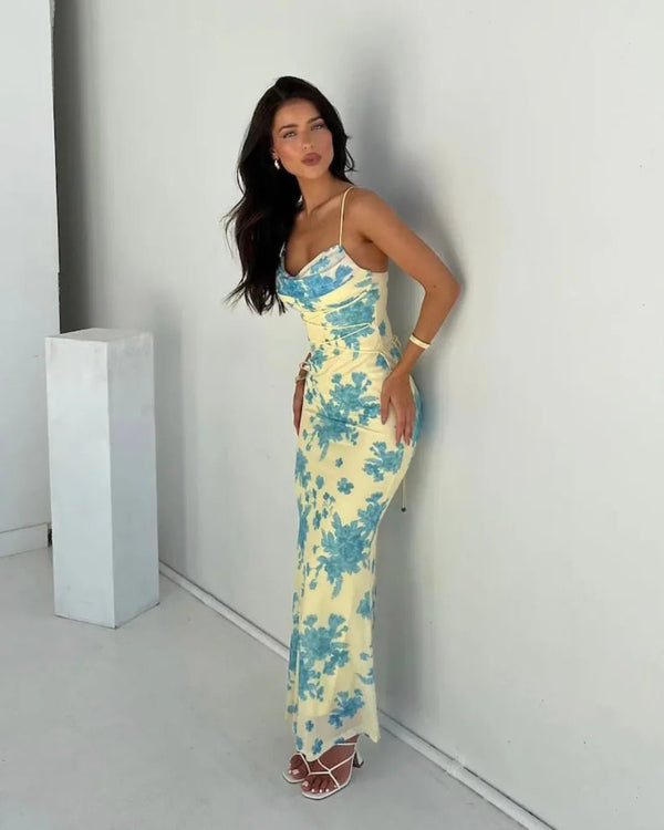 Eva | Chic Floral Print Sleeveless Maxi Dress with Lace - Up Detail - Yellow - 1