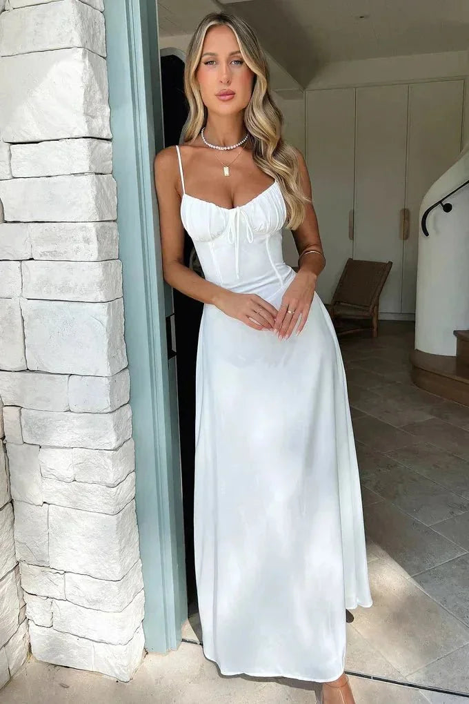 White Women's Lace-Up Sweetheart Maxi Dress — Karina Elegant Formal Evening - Outdoor Pose