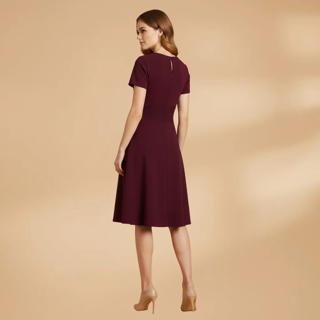 Red Women's Lace Waist Dress — Posy Keyhole Midi A-Line - Back Detail