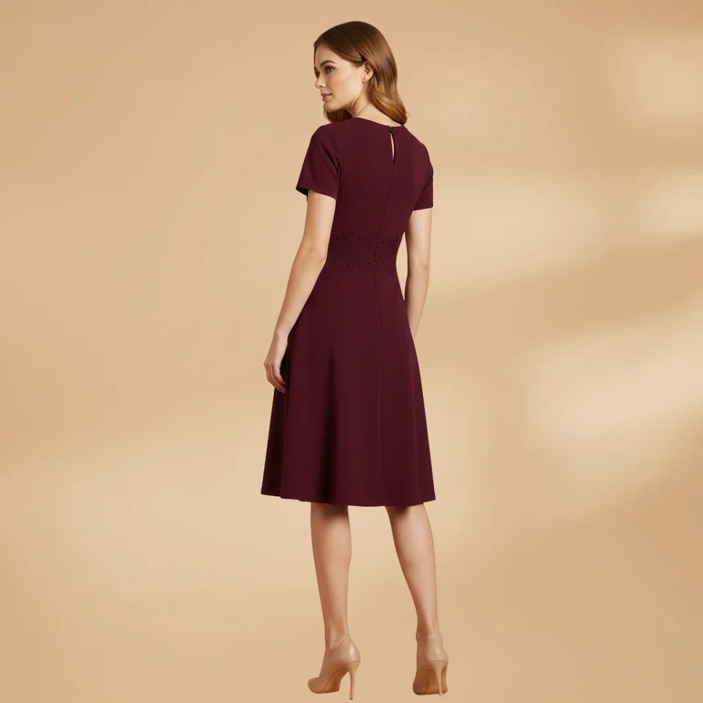 Red Women's Lace Waist Dress — Posy Keyhole Midi A-Line - Back Full