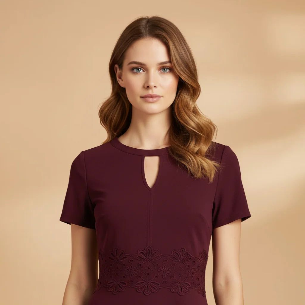 Red Women's Lace Waist Dress — Posy Keyhole Midi A-Line - Close Up Neckline