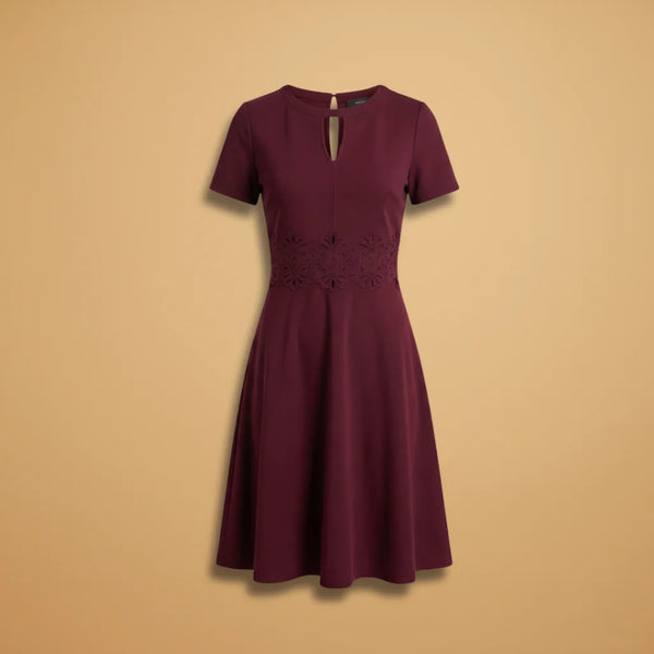 Red Women's Lace Waist Dress — Posy Keyhole Midi A-Line - Flat Lay