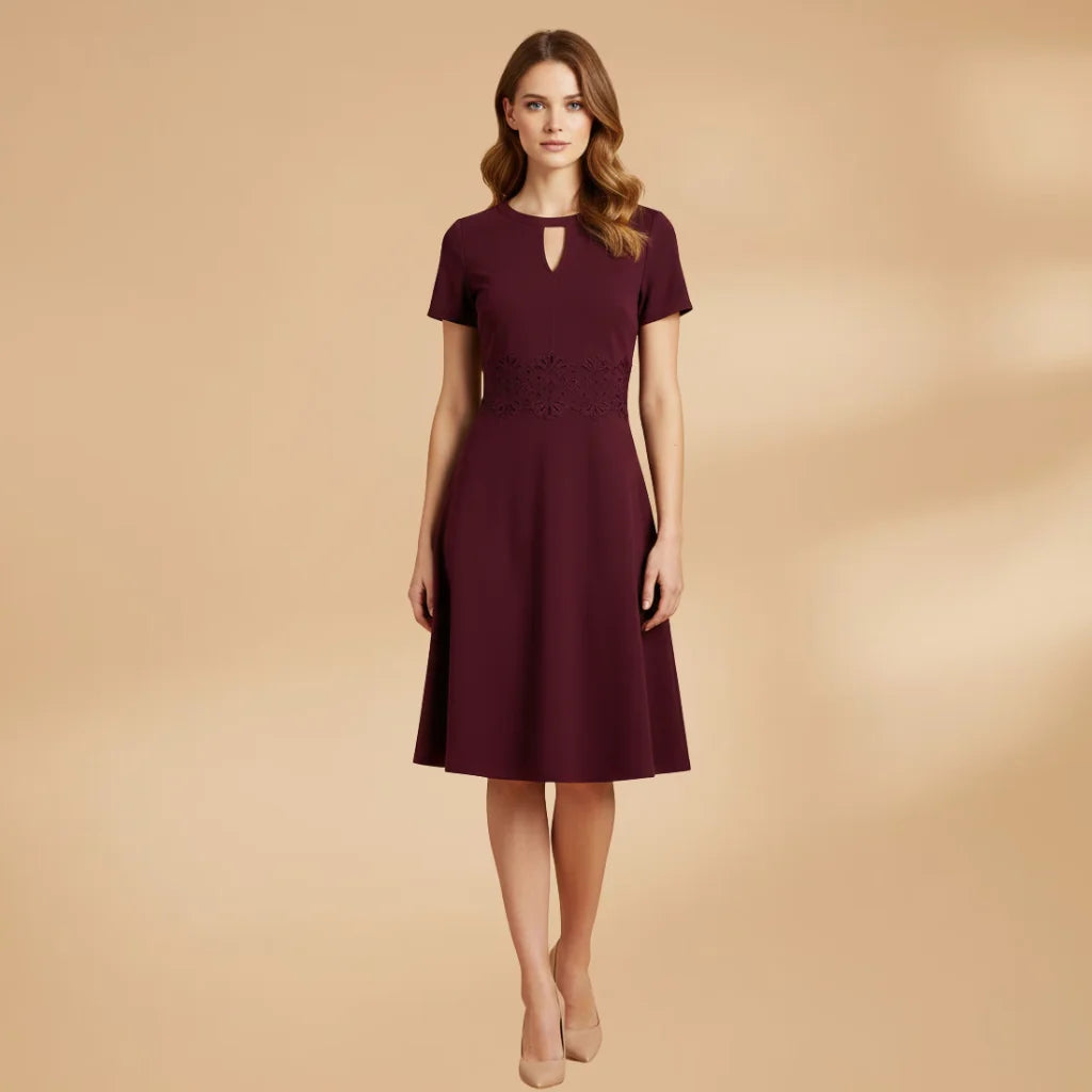Red Women's Lace Waist Dress — Posy Keyhole Midi A-Line - Front Full