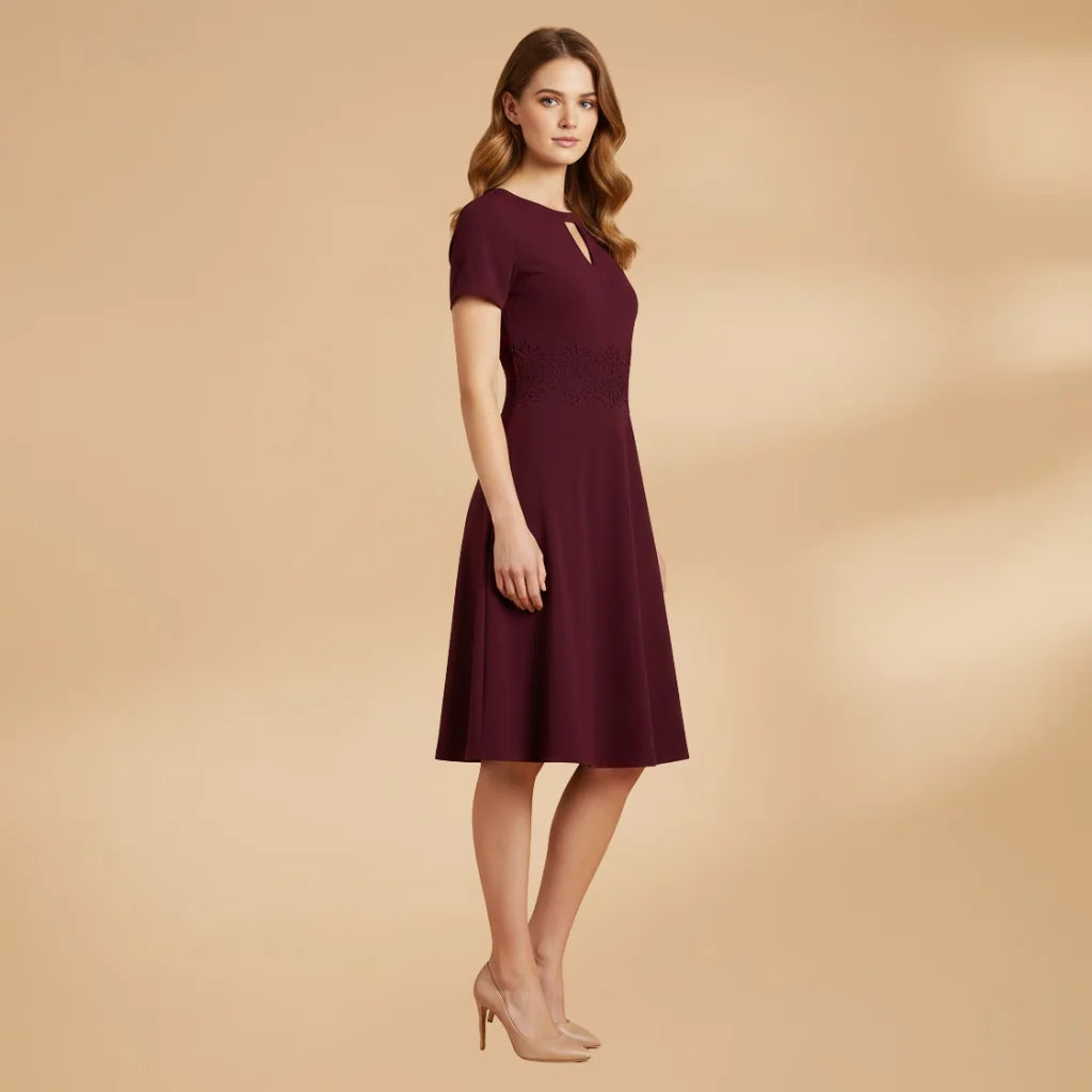 Red Women's Lace Waist Dress — Posy Keyhole Midi A-Line - Side Pose