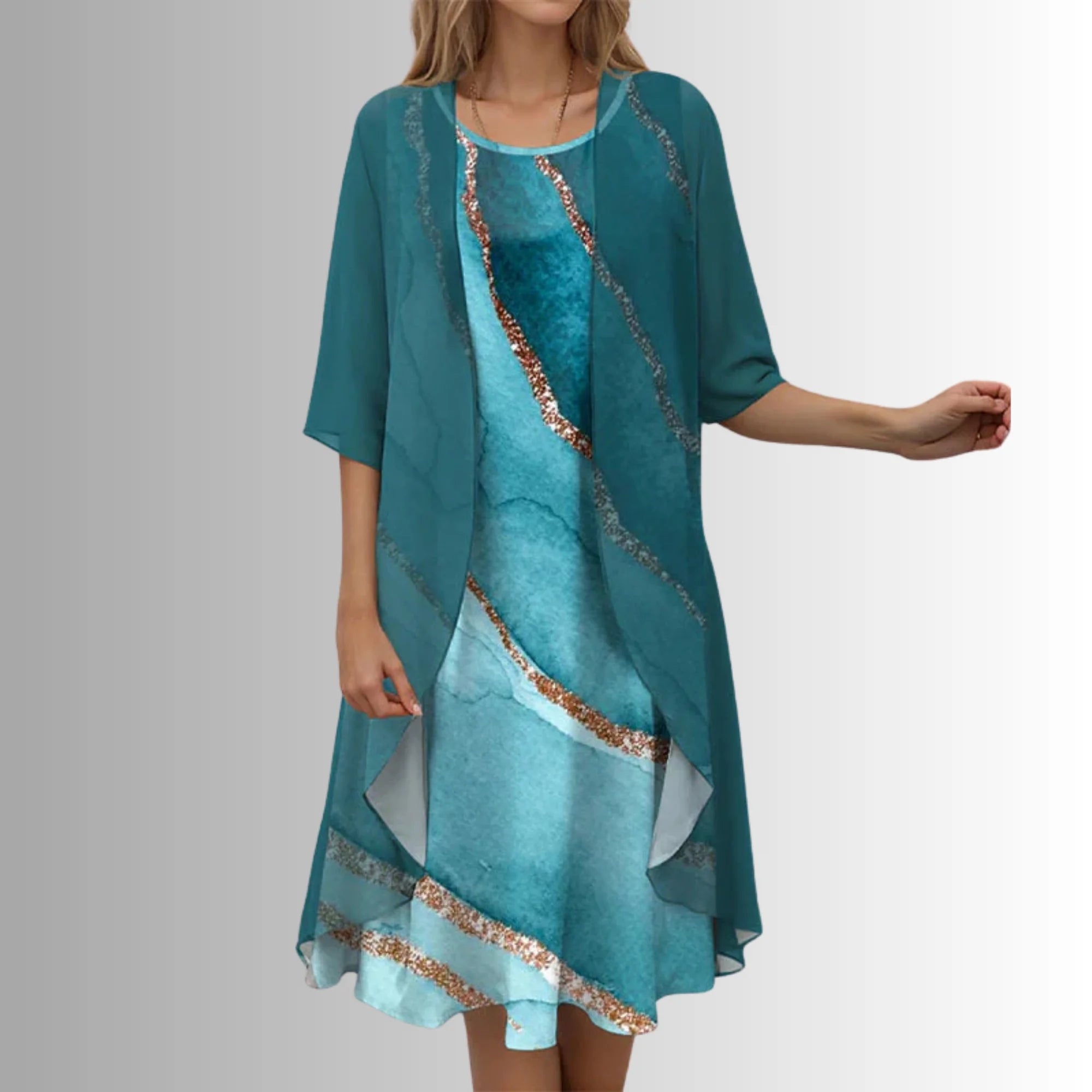 Green Women's 2-Piece Summer Set — Abbie Layered Chiffon Floral - Pattern Studio Pose