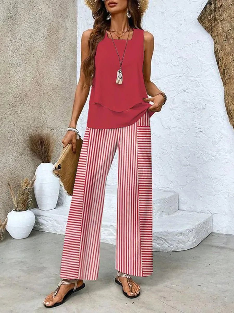 Nora | Elegant Summer Set With Layered Top - Red - 4