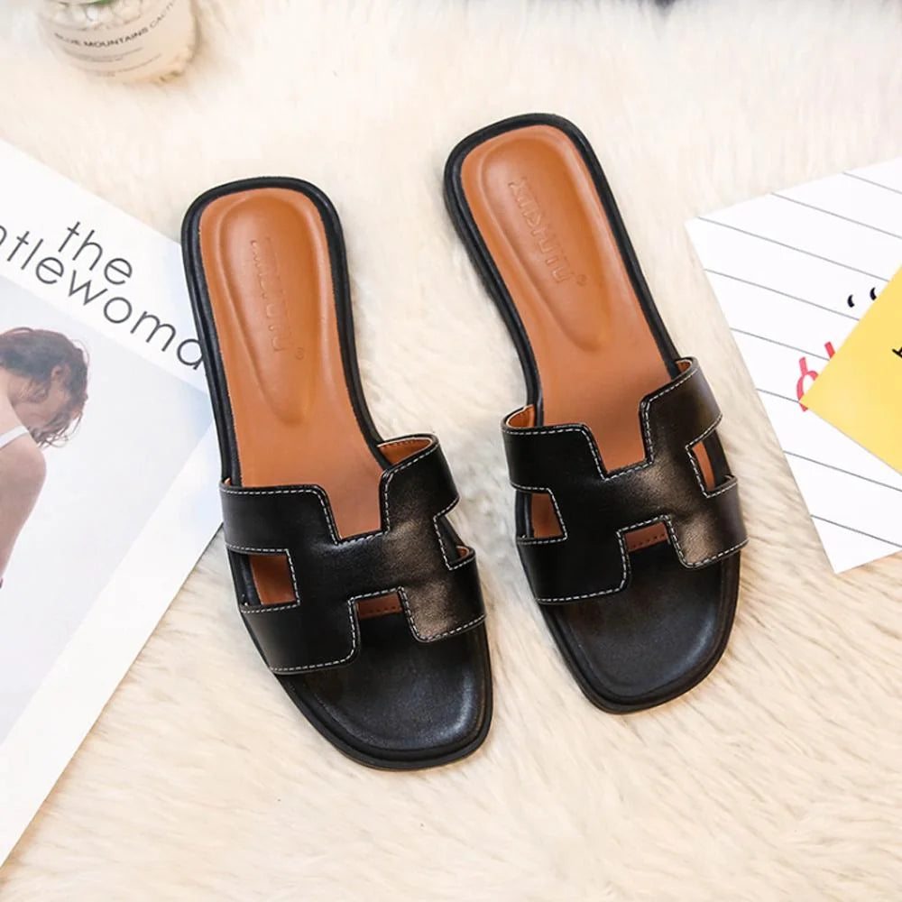 Black Women's Leather H-Strap Sandals — Valerie Slip-On Flat - Studio White
