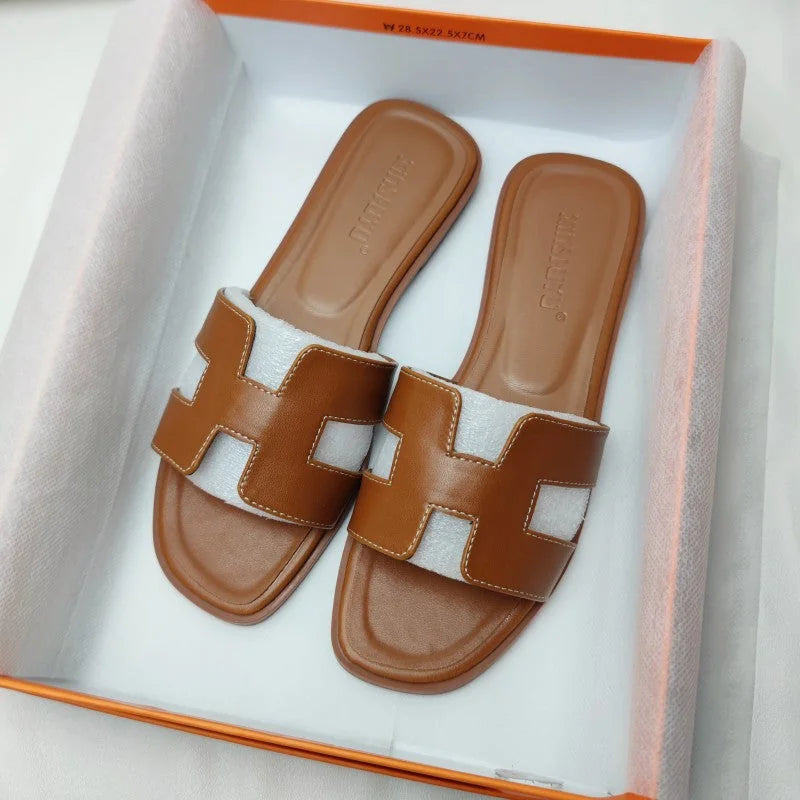 Brown Women's Leather H-Strap Sandals — Valerie Slip-On Flat - Boxed Presentation