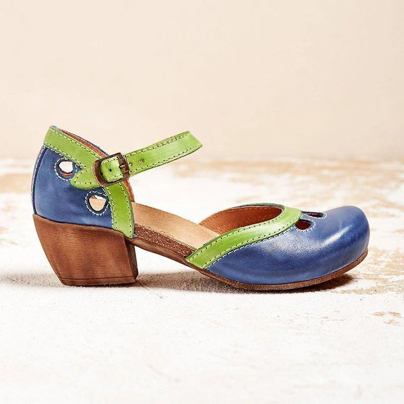 Blue Women's Leather Mary Orthopedic Sandals — Tess Ankle Strap Block Heel - Side Full
