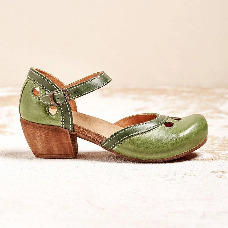 Green Women's Leather Mary Orthopedic Sandals — Tess Ankle Strap Block Heel - Profile View