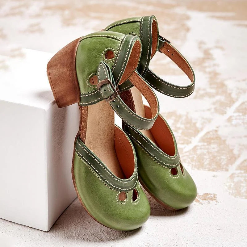 Green Women's Leather Mary Orthopedic Sandals — Tess Ankle Strap Block Heel - Side Pose
