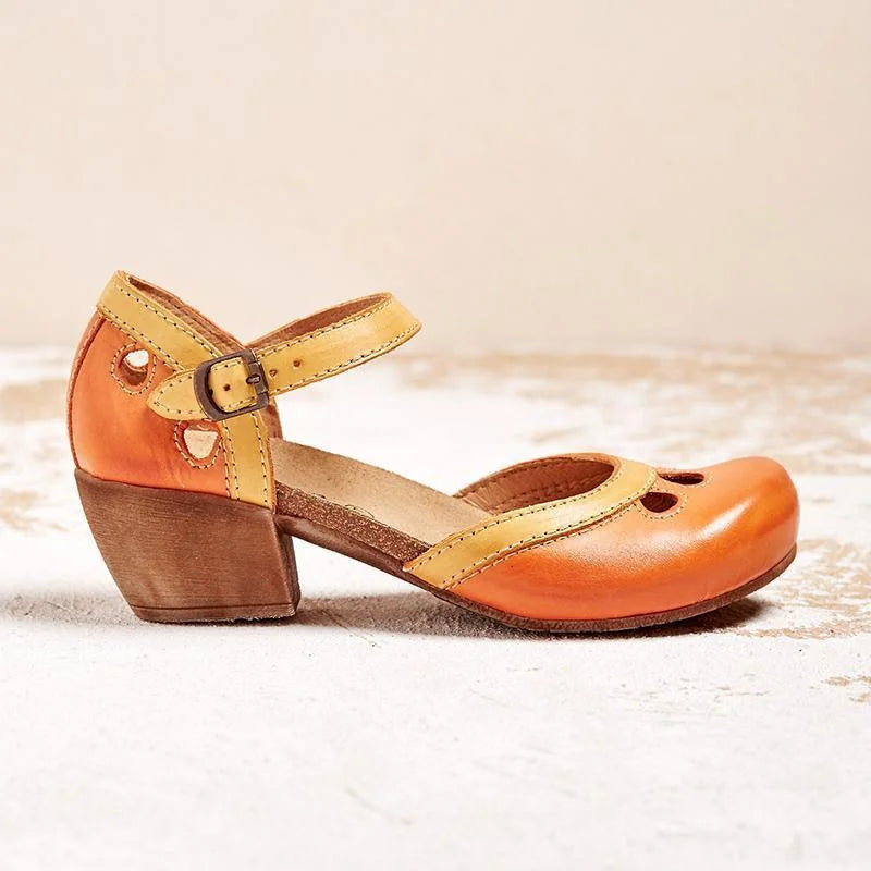 Orange Women's Leather Mary Orthopedic Sandals — Tess Ankle Strap Block Heel - Side Angle