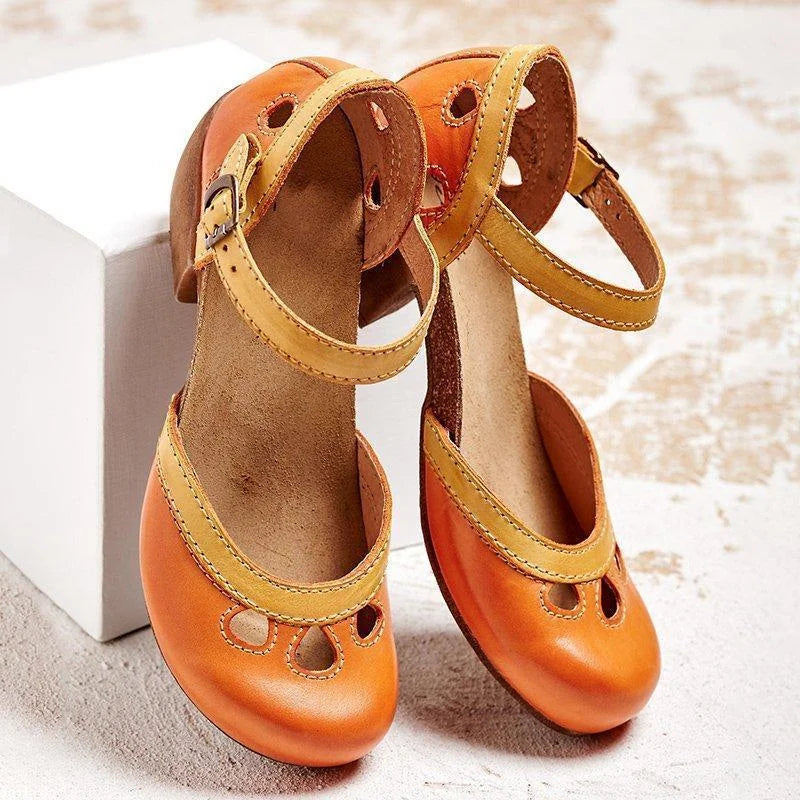Orange Women's Leather Mary Orthopedic Sandals — Tess Ankle Strap Block Heel - Side Detail