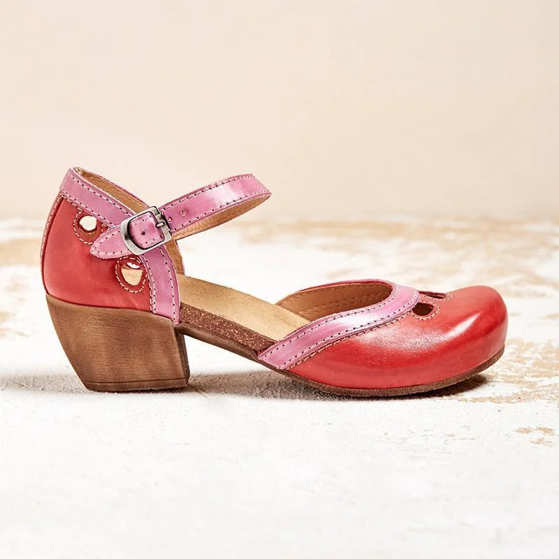 Red Women's Leather Mary Orthopedic Sandals — Tess Ankle Strap Block Heel - Angled View