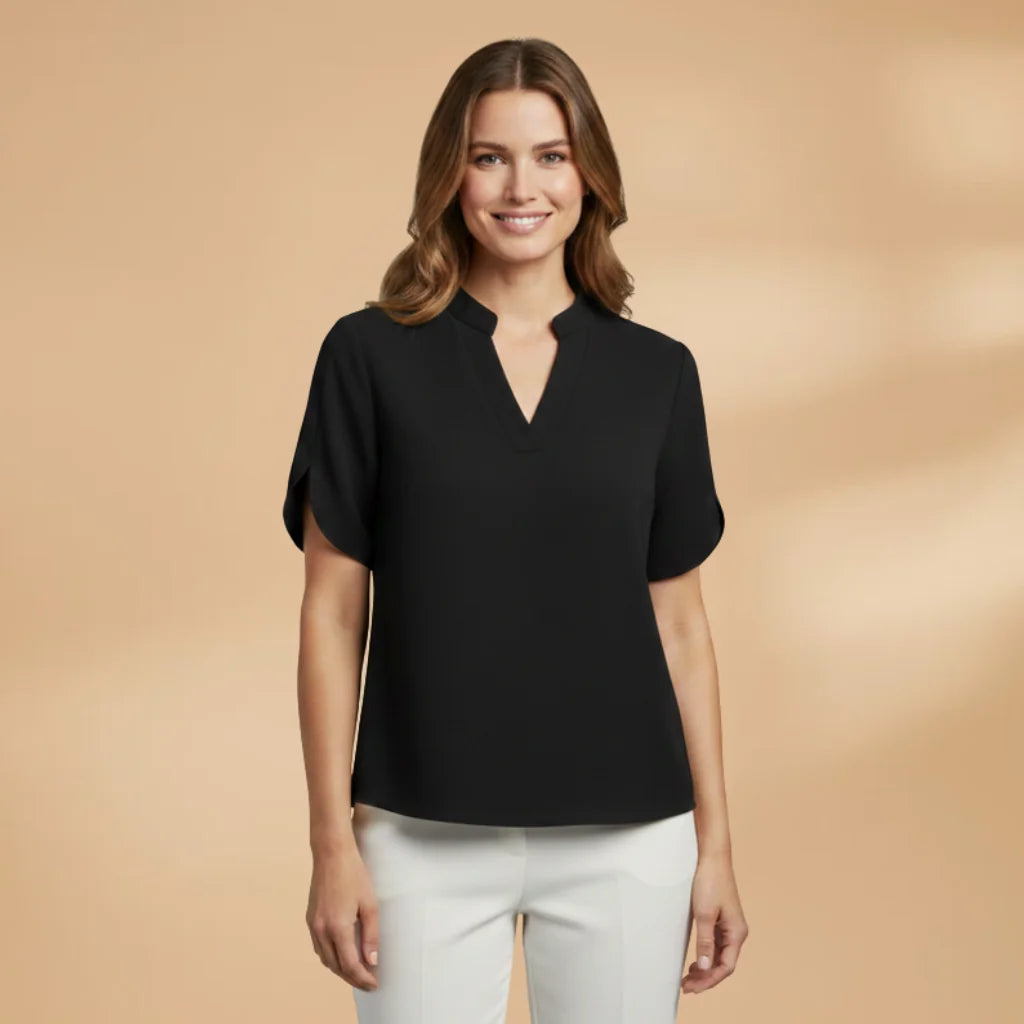 Black Women's Lightweight Blouse — Alice Short Sleeve V-Neck - Front Full