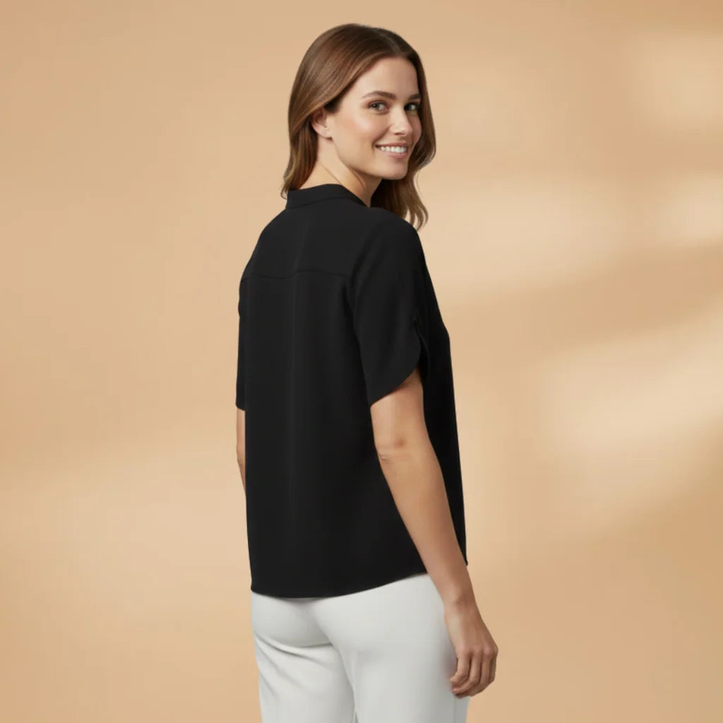 Black Women's Lightweight Blouse — Alice Short Sleeve V-Neck - Side Pose