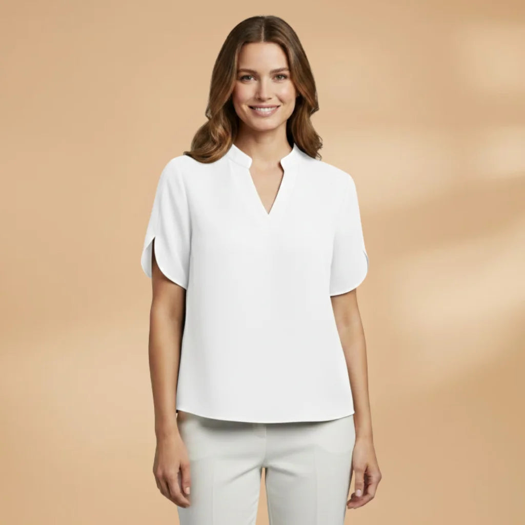 White Women's Lightweight Blouse — Alice Short Sleeve V-Neck - Front Full