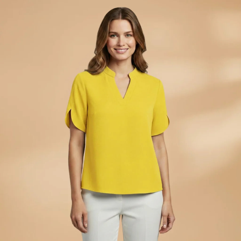Yellow Women's Lightweight Blouse — Alice Short Sleeve V-Neck - Front Full
