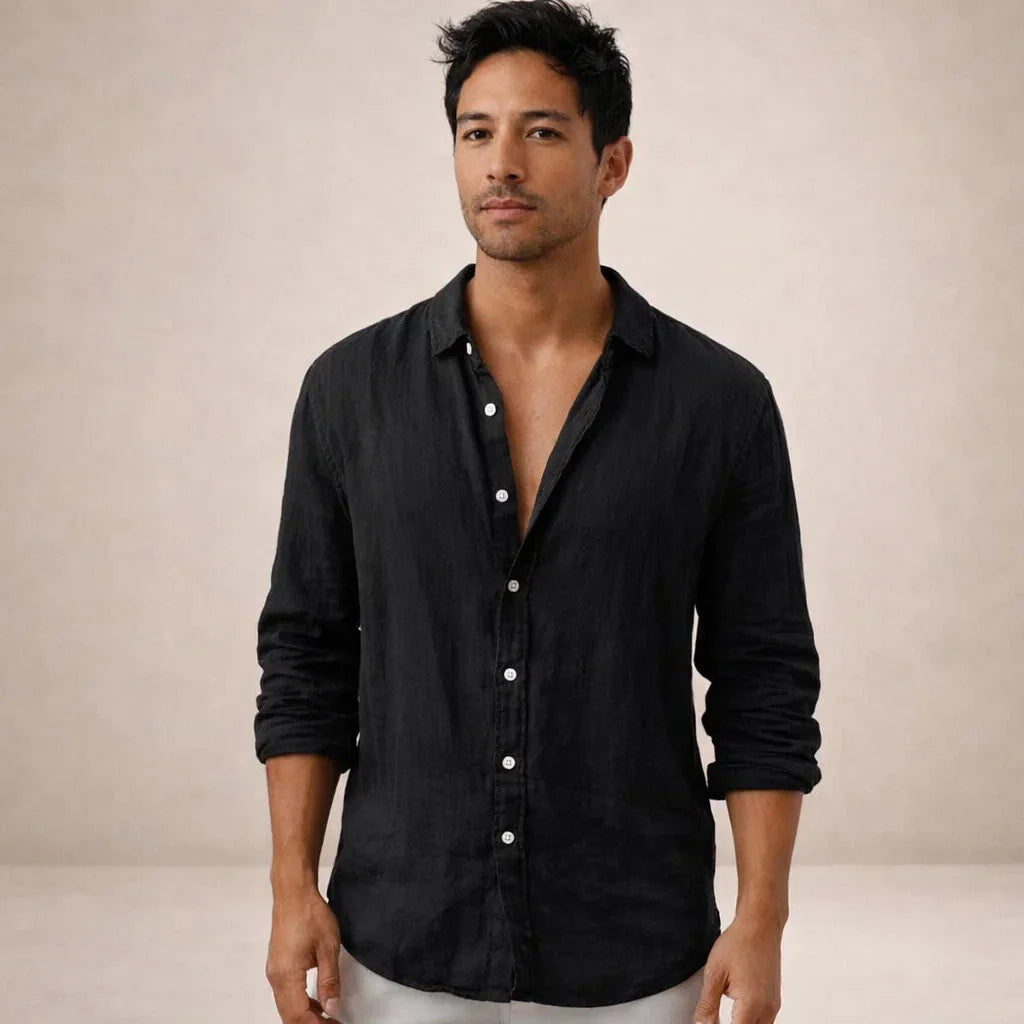 Black Men's Linen Button-Down Shirt — Milo Long Sleeve Summer Blouse - Front Studio