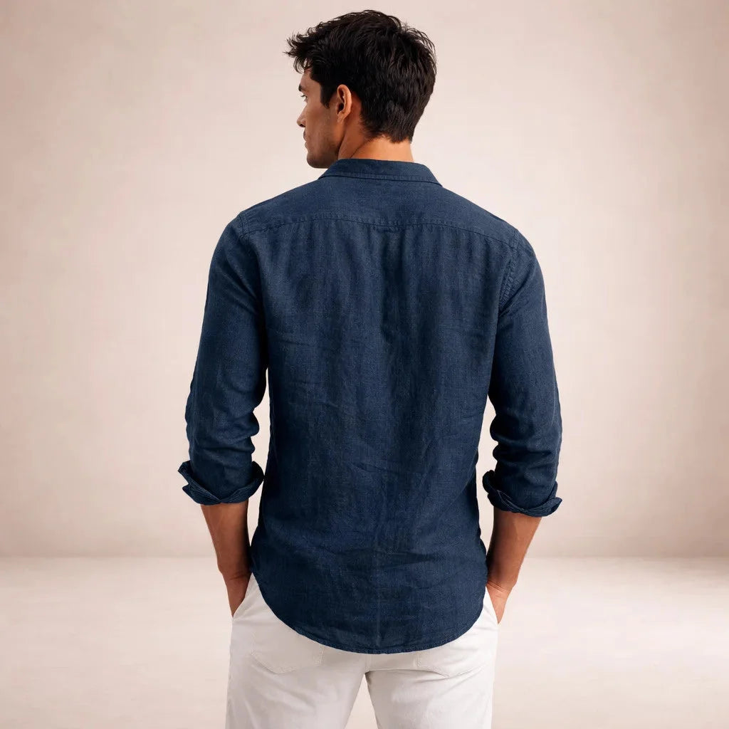 Dark Blue Men's Linen Button-Down Shirt — Milo Long Sleeve Summer Blouse - Back Full