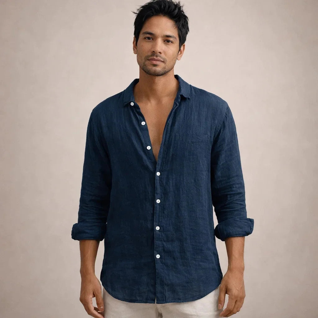 Dark Blue Men's Linen Button-Down Shirt — Milo Long Sleeve Summer Blouse - Front Styled